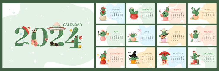 Calendar 2024 horizontal template, cute colorful cactus plant characters design. Week start On Sunday, planner, stationary, wall calendar. Vector illustration