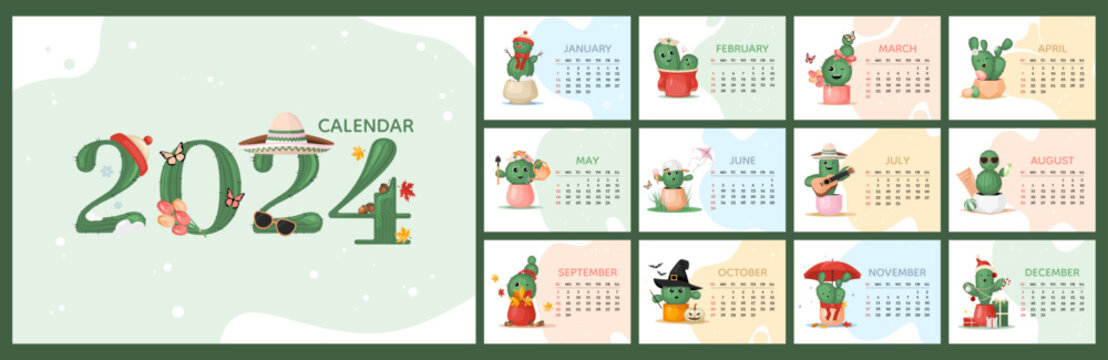 Calendar 2024 horizontal template, cute colorful cactus plant characters design. Week start On Sunday, planner, stationary, wall calendar. Vector illustration