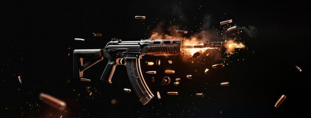 firing assault riffle shooting firepower bullets isolated on black background for special operations and tactical team concepts as banner with copyspace area - Generative AI - obrazy, fototapety, plakaty