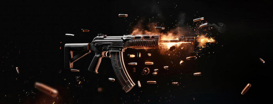 firing assault riffle shooting firepower bullets isolated on black background for special operations and tactical team concepts as banner with copyspace area - Generative AI