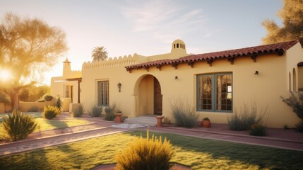 Obraz premium Adobe revival exterior house design in daytime golden hour generative ai