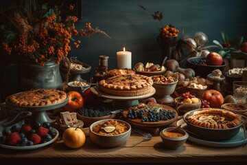 Fototapeta na wymiar A Thanksgiving feast with various dishes and a table adorned with autumn decorations. Generative AI