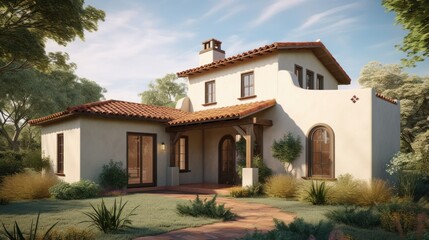 Fototapeta premium Adobe revival exterior house design in daytime golden hour generative ai