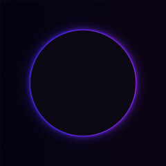 Black circle frame illuminated with blue and violet gradient. Abstract colorful round border background. Realistic glowing neon lighting with copy space.  Vector illustration