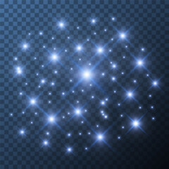 Realistic blue cluster of stars lighting isolated on transparent background. Bright stars illuminated. Flare effect with ray sparkles. Glowing light of stardust. 3d vector illustration