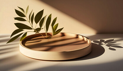 Podium template with foliage drop shadow for product. Beauty mockup with empty tray presentation. Generative AI.