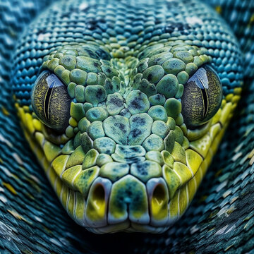 Blue Yellow Green snake closeup face. Generative AI. #5