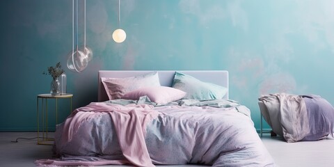 Colorful interior fashion design bedroom. Pastel colors. Modern contemporary unicorncore aesthetics design. Dreamy, elegant, glossy bedroom. Generative AI.