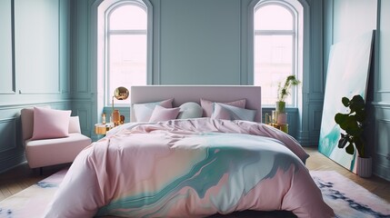 Colorful interior fashion design bedroom. Pastel colors. Modern contemporary unicorncore aesthetics design. Dreamy, elegant, glossy bedroom. Generative AI.