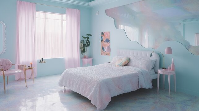Colorful interior fashion design bedroom. Pastel colors. Modern contemporary unicorncore aesthetics design. Dreamy, elegant, glossy bedroom. Generative AI.