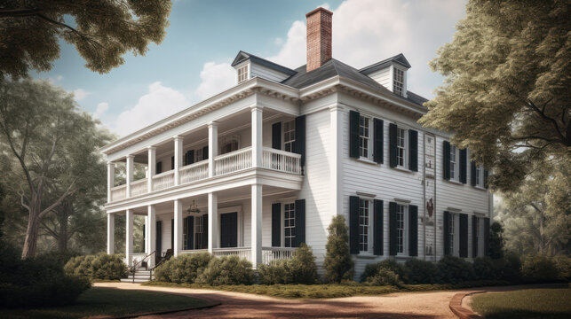 Antebellum exterior house design in daytime golden hour generative ai