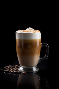 Cafe Latte Macchiato im runden Glas mit Henkel und Espressobohnen auf schwarzem Hintergrund. Hochkant. Generative Ai.