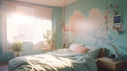 Colorful interior fashion design bedroom at golden hour. Pastel colors. Modern contemporary unicorncore aesthetics design. Dreamy, elegant, glossy bedroom. Generative AI.