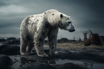 Obraz na płótnie Canvas Polar bear in unexpected setting represents climate change. Technology used. Generative AI