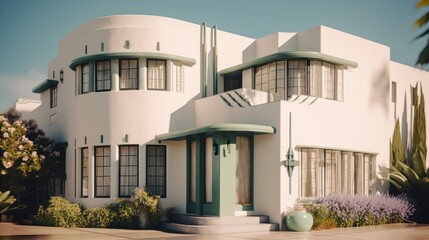 Art deco exterior house design in daytime golden hour generative ai