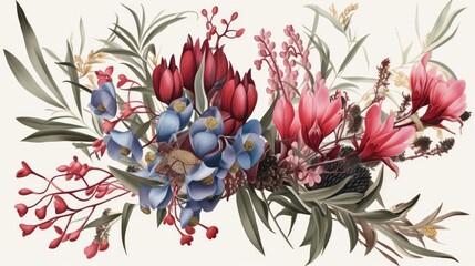 Floral banner, card, mock up. Greeting card with protea Australian natives flowers. Elegant watercolour illustration. AI generated image, post production. - obrazy, fototapety, plakaty