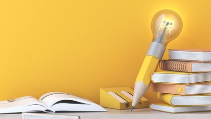 light bulb with glowing rays, with book learning, cartoon style, stationery, symbol of creativity, doodles concept, innovation, inspiration, invention and idea, 3d render animation yellow background