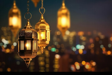 The warm ambiance of a lantern and the bokeh city lights create a cozy atmosphere for the evening celebration of Ramadan Kareem. Ai Generative