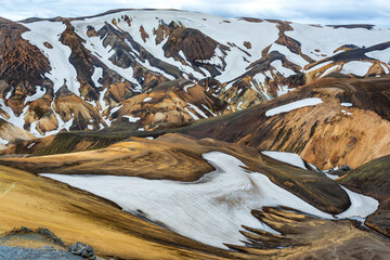 Snowy amazing colorful mountain in the Landmannalaugar in Iceland