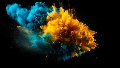 Explosion of powder yellow and blue on a black background. Generative AI