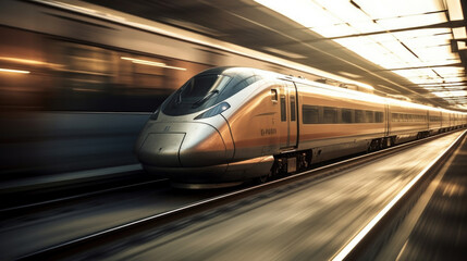 Plakat High-speed train, motion blur, slow shutter camera speed created with generative AI technology
