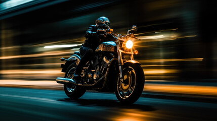 A biker on a motocycle in a night city, motion blur, slow shutter camera speed created with generative AI technology