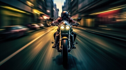 Obraz premium A biker on a motocycle in a night city, motion blur, slow shutter camera speed created with generative AI technology