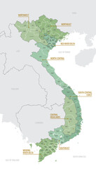 Detailed map of Vietnam with administrative divisions into regions and Provinces, major cities of the country, vector illustration onwhite background
