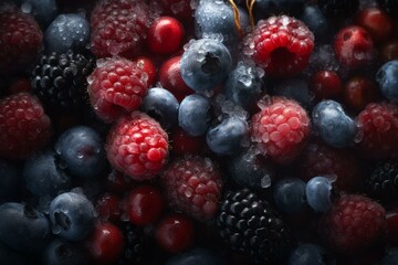 Frozen black and red berries with blueberries and raspberries. Generative AI