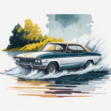 Opala Crossing a River - Flat Design Graphic with Watercolor Splashes