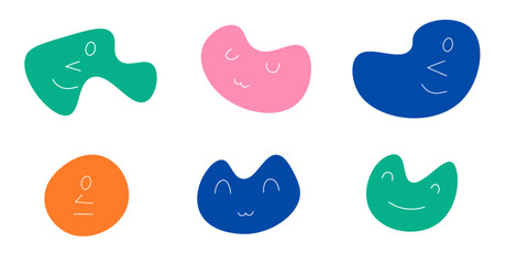 Abstract Comic Smileys, Faces with various Emotions. Cat, kitten, cute kawaii lovely wavy stickers with different colorful cartoon groovy rainbow charachers (Full Vector)
