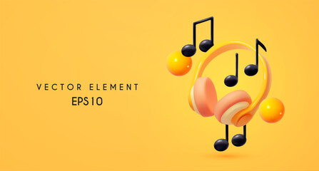 3D Headphones with notes and clouds. Music or game concept, poster design element.