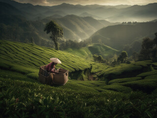 Fototapeta premium Woman sitting in a basket on top of a tea plantation. Generative AI