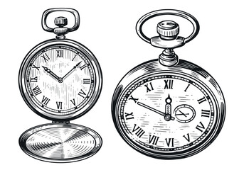 Retro pocket watch set. Vintage old clock isolated. Hand drawn sketch illustration in old engraving style