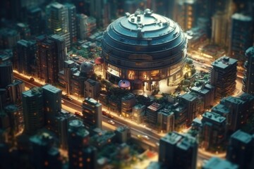 Obraz premium Illustration of miniature city, complete with skyscrapers, residential buildings, parks, and other urban features with tilt shift effect. Generative Ai