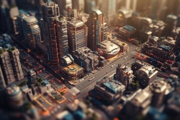 Illustration of miniature city, complete with skyscrapers, residential buildings, parks, and other urban features with tilt shift effect. Generative Ai