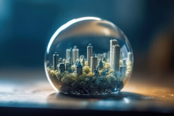 Abstract miniature city enclosed within a glass sphere, symbolizing the future of energy self-sustainable cities. Generative Ai.
