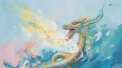 Obraz premium Multicolored Dragon on a pastel colored background. Elegant colorful mythological animal wallpaper illustration. Dreamy creative vibe aesthetics. Generative AI.