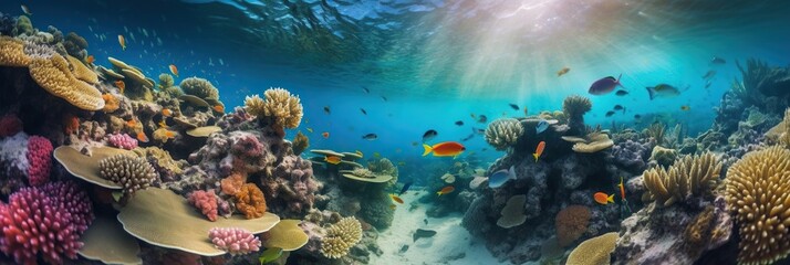 A mesmerizing underwater scene with coral reefs and colorful fish swimming gracefully among the aquatic plants, concept of Biodiversity Conservation, created with Generative AI technology