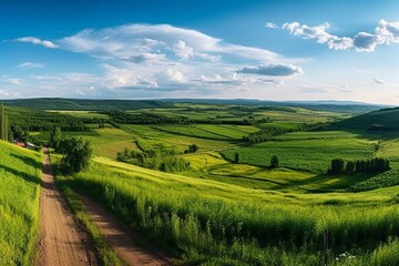 Fototapeta na wymiar Panoramic rural landscape in Central Russia with hills, road, and agriculture. High-res summer view of Samara valleys. Generative AI