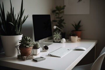 Simple workplace with empty white desk and succulent plant in front, offering space to work or create, minimalistic background. Generative AI