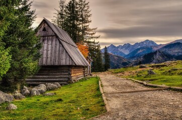 Wooden hut and path in beautiful mountains. Beautiful rural landscape at Rusinowa Polana in High Tatras, Poland. © shadowmoon30