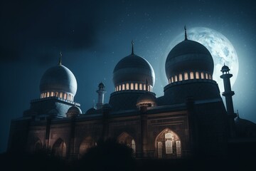 Fototapeta na wymiar Moon shining behind three mosque domes and a star. Generative AI