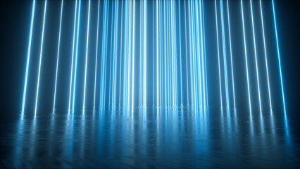 Neon abstract lines glowing blue, tech abstract background - 3D Illustration