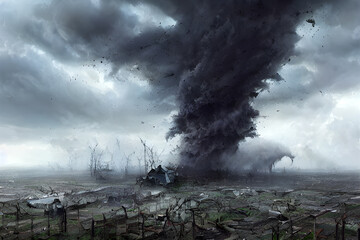 Fototapeta premium A big terrible tornado completely destroys the farm.