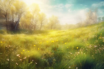 Vibrant watercolor scene of sunlit meadow in spring. Horizontal wall decor. Generative AI