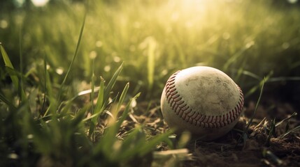 Baseball ball in green grass in stadium