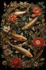 A painting of koi fish surrounded by green leaves and flowers, light gold and crimson silver sculptures - generative ai