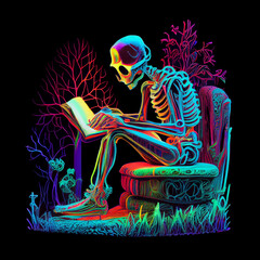 Multicolored skeleton reading a book. AI generative.