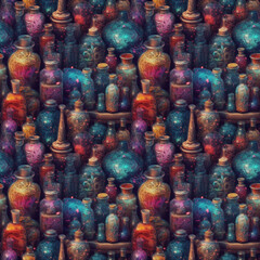 Alchemy medications in small bottles. AI generative illustration.